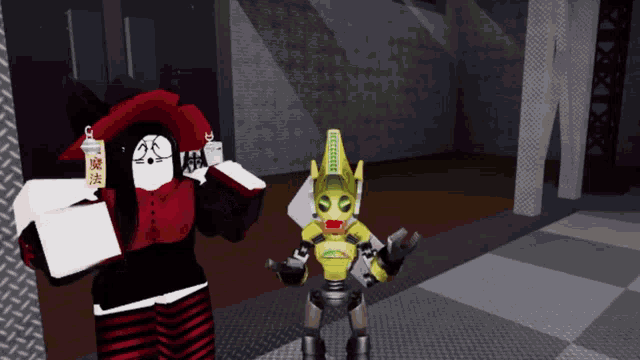 a robot with chinese writing on it stands next to a cartoon character