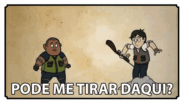 two cartoon characters standing next to each other with the words pode me tirar daqui written below them