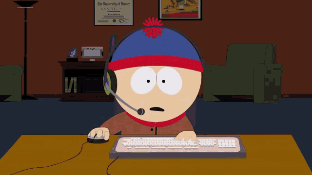 stan marsh from south park is sitting at a desk with a computer and says " that 's it screw this game "