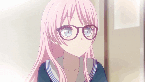 a girl with pink hair and glasses is holding her finger to her lips