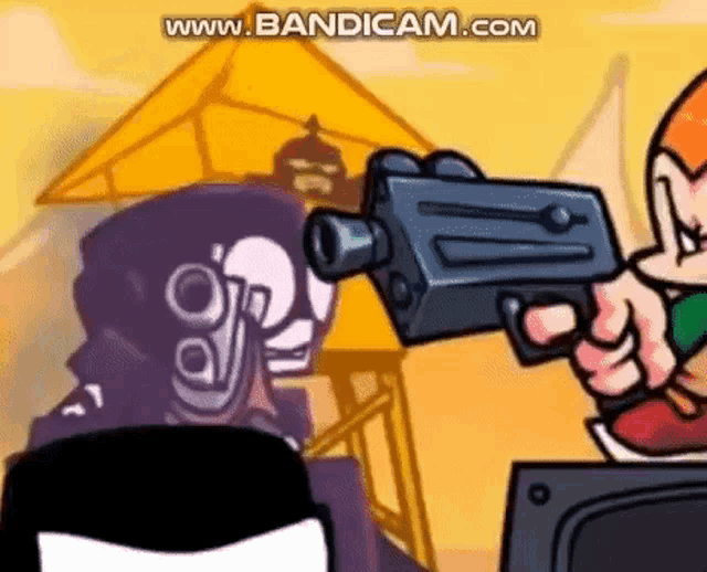 a cartoon character is holding a gun in front of a pyramid in a video game .