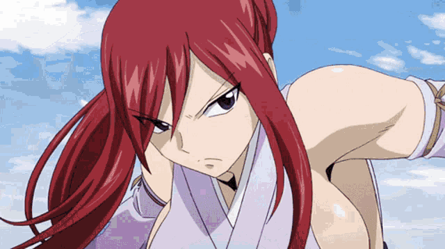 a girl with red hair is wearing a purple top