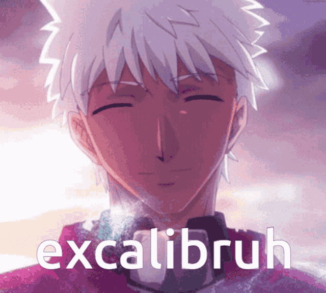 a man with white hair is smiling and the word excalibur is on the bottom