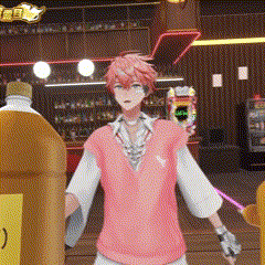 a man in a pink vest is standing in front of a bottle that says ' coca cola ' on it