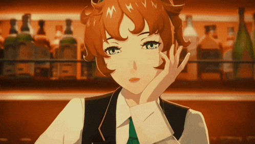 a girl with red hair and blue eyes is sitting at a bar with her hand on her face