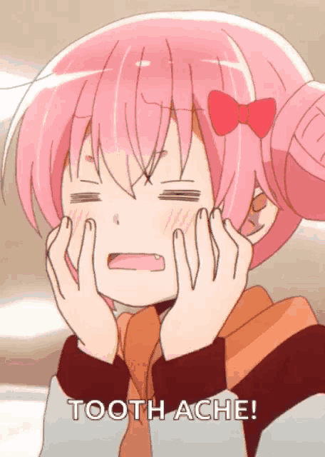 a girl with pink hair has her eyes closed and the words toothache written on the bottom