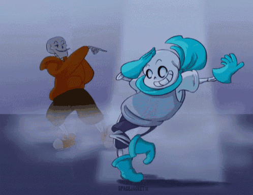 a cartoon drawing of a skeleton and a skeleton with blue gloves
