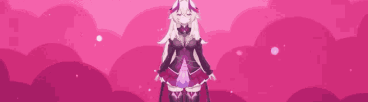 a girl in a purple dress is standing on a pink background .