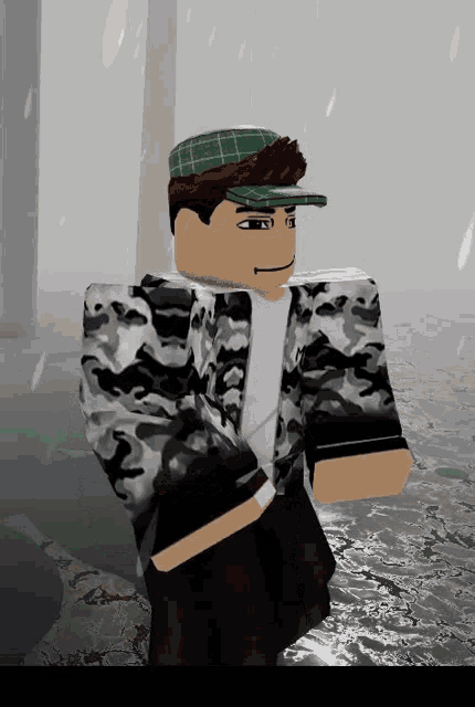 a man wearing a green hat and a camo jacket