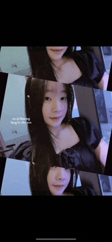 a woman in a black dress is taking a selfie with the words co si thuong lang to cho em below her