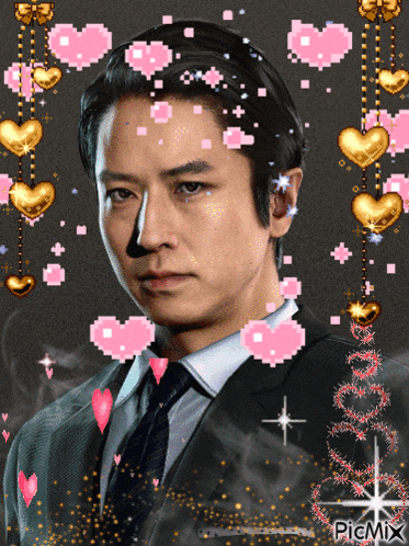 a man in a suit and tie is surrounded by pink hearts and a picmix logo