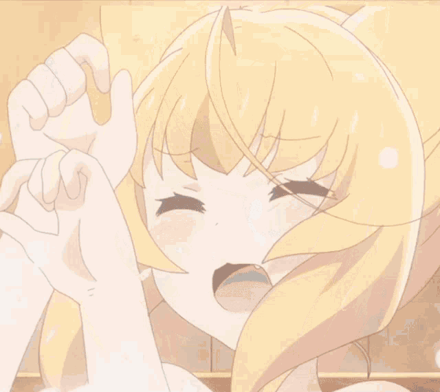 a close up of a blonde anime girl with cat ears and blue eyes