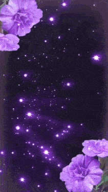 a girl with purple flowers and stars around her