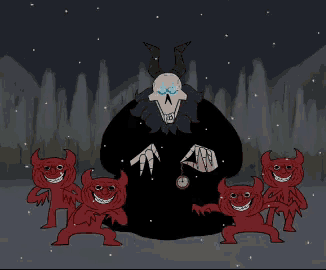 a cartoon drawing of a skeleton with horns holding a clock