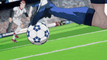 a soccer player kicking a ball on a field with a crowd in the background