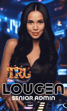 a woman in a black dress behind a dj mixer with the words lougen senior admin written on the bottom