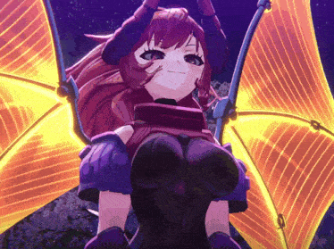 a cartoon character with purple hair and wings is smiling