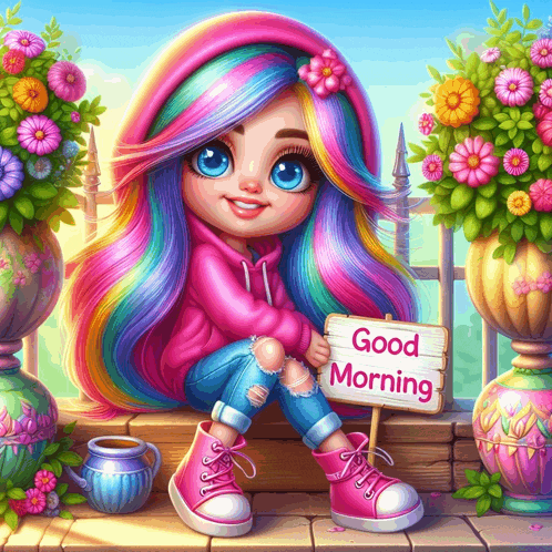 a girl with rainbow hair is holding a sign that reads good morning