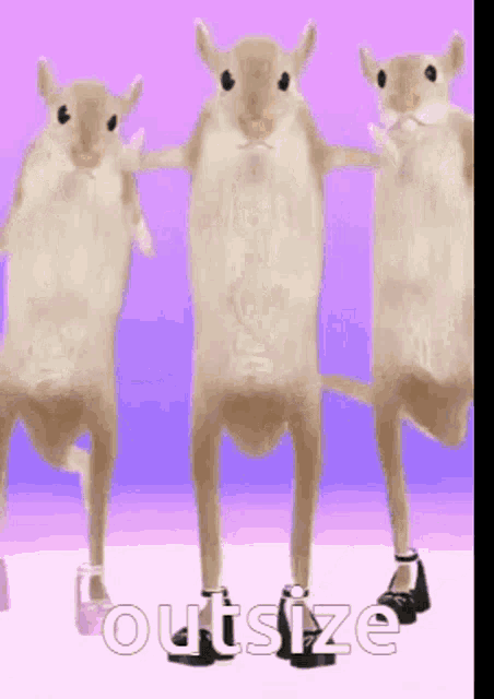 three mice are standing next to each other and the word outsize is on the bottom right