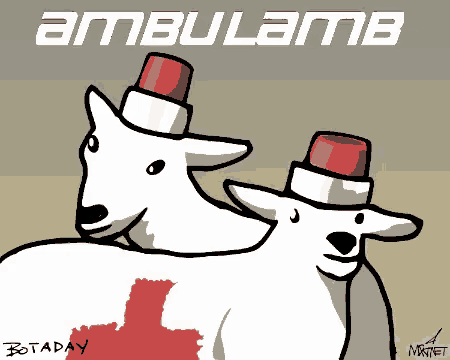 a cartoon of two sheep wearing red and white hats with the word ambulance above them