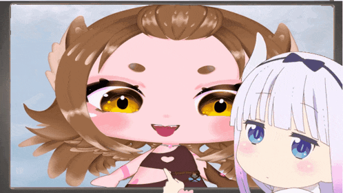 a couple of anime characters standing next to each other one of which has a heart on her shirt