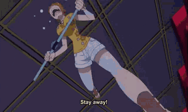 a girl in a yellow dress says " stay away " in a cartoon