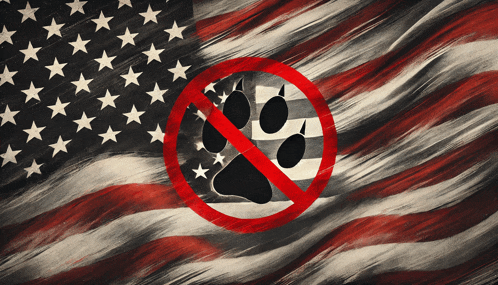 an american flag has a paw print in a red circle
