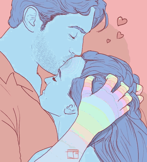 a drawing of a man kissing a woman with a rainbow colored hand