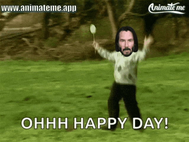 a picture of keanu reeves with the words ohhh happy day written below him