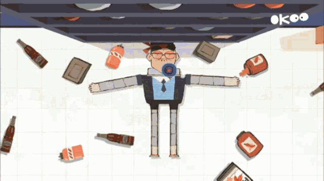 a cartoon drawing of a man with glasses and the word okoo on the bottom right