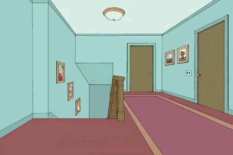 a cartoon character riding a horse down a hallway