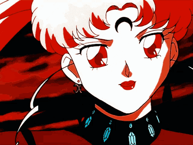 a drawing of a woman with red eyes and a crescent moon on her forehead