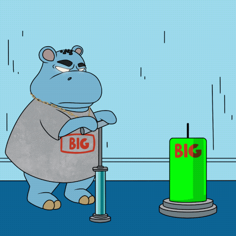 a cartoon hippo wearing a shirt that says big on it