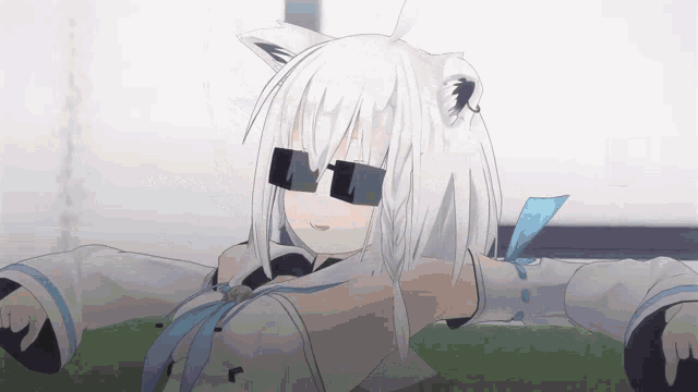 a white anime character wearing sunglasses is laying on the ground