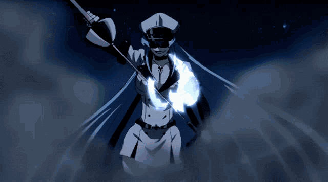 a woman in a military uniform is holding a sword in the dark