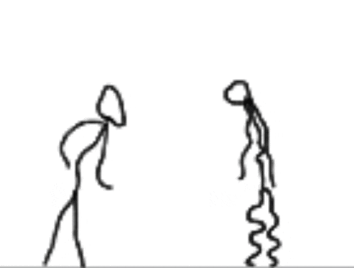 a black and white drawing of two stick figures standing next to each other on a white background .