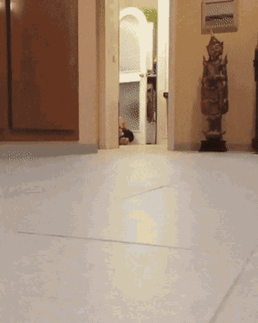 a statue of a buddha stands in a hallway next to a doorway