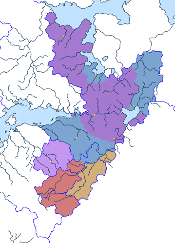 a map showing various colored areas with a blue border