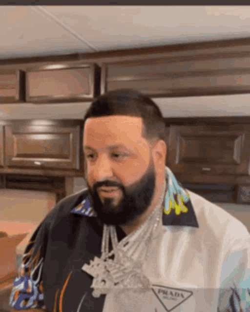 a man with a beard wearing a prada shirt is standing in a kitchen .