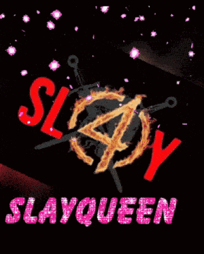a woman with blue hair is surrounded by flames and the word slavqueen
