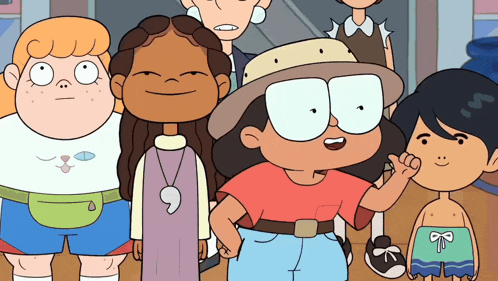 a group of cartoon characters including a girl wearing a hat and glasses