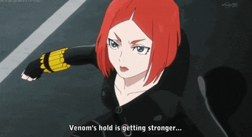 a woman with red hair is talking about venom 's hold getting stronger