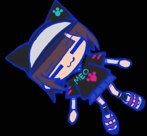 a cartoon character with a meow shirt on