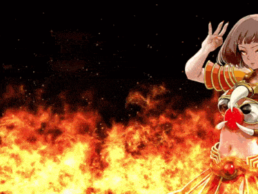 a girl in a costume with horns is standing in front of flames