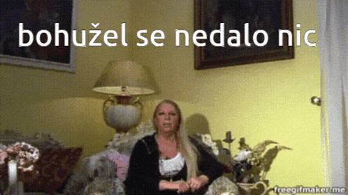a woman sitting on a couch with the words " bohuzel se nedalo nic " written above her