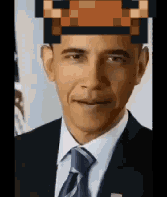 barack obama is wearing a suit and tie with a pixelated hat on his head