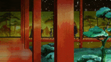 a painting of a building with trees and a bridge