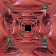 a row of faces are lined up in a tunnel