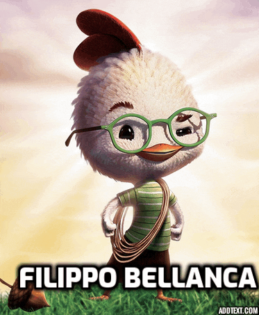 a picture of a chicken wearing glasses with the name filippo bellanca below it
