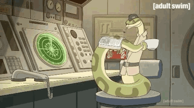 a cartoon of a snake reading a newspaper and drinking a cup of coffee with the words adult swim at the bottom